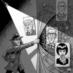 Grayscale satirical cartoon depicts a tough private eye, like Jack Hammer, dramatically exposing the tangled web of connections between caricatures of powerful figures resembling Trump, Epstein, and Maxwell.
