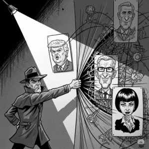 Grayscale satirical cartoon depicts a tough private eye, like Jack Hammer, dramatically exposing the tangled web of connections between caricatures of powerful figures resembling Trump, Epstein, and Maxwell.
