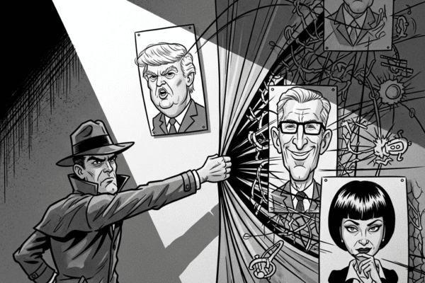 Dirty Laundry: Trump Epstein Maxwell connections Grayscale satirical cartoon depicts a tough private eye, like Jack Hammer, dramatically exposing the tangled web of connections between caricatures of powerful figures resembling Trump, Epstein, and Maxwell.