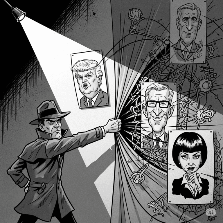 Grayscale satirical cartoon depicts a tough private eye, like Jack Hammer, dramatically exposing the tangled web of connections between caricatures of powerful figures resembling Trump, Epstein, and Maxwell.