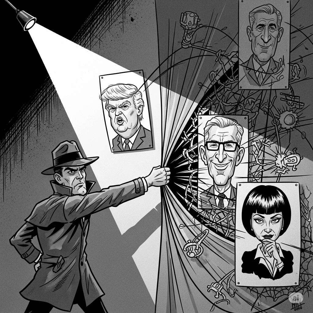 Grayscale satirical cartoon depicts a tough private eye, like Jack Hammer, dramatically exposing the tangled web of connections between caricatures of powerful figures resembling Trump, Epstein, and Maxwell.