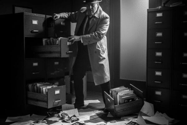 Noir image of PI in office with scattered files
