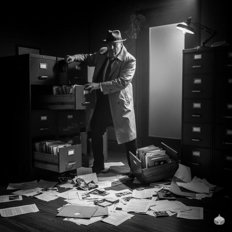 Noir image of PI in office with scattered files