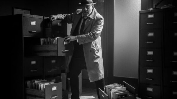 Noir image of PI in office with scattered files From the Desk of Jack Hammer