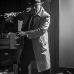 Noir image of PI in office with scattered files From the Desk of Jack Hammer