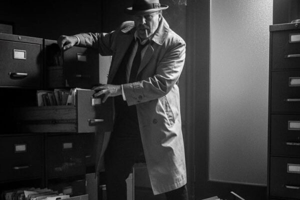 Noir image of PI in office with scattered files From the Desk of Jack Hammer