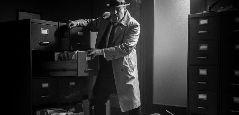 Noir image of PI in office with scattered files From the Desk of Jack Hammer