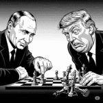 Grayscale political cartoon depicting Vladimir Putin with a confident smirk, moving a chess piece, while an older, heavier Donald Trump looks bewildered and frustrated at the board, with several of his chess pieces overturned, indicating a clear defeat.