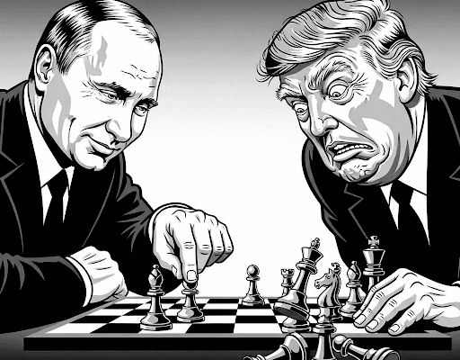 The Chessboard or the Clown Show? Trump, Putin, and Who Holds the Cards Grayscale political cartoon depicting Vladimir Putin with a confident smirk, moving a chess piece, while an older, heavier Donald Trump looks bewildered and frustrated at the board, with several of his chess pieces overturned, indicating a clear defeat.