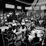 Black-and-white, gritty graphic novel panel of a bustling casino floor with cocktail waitresses and gamblers at blackjack tables and slot machines under dramatic neon lights.