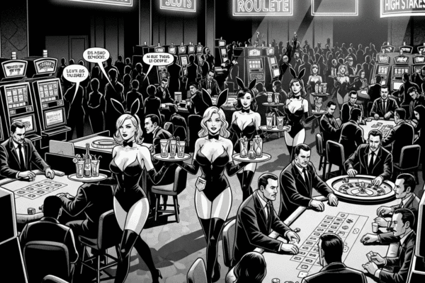 THE HAMMER FILES: The Grand Reserve Black-and-white, gritty graphic novel panel of a bustling casino floor with cocktail waitresses and gamblers at blackjack tables and slot machines under dramatic neon lights.