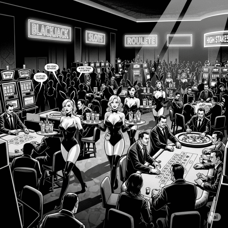 Black-and-white, gritty graphic novel panel of a bustling casino floor with cocktail waitresses and gamblers at blackjack tables and slot machines under dramatic neon lights.