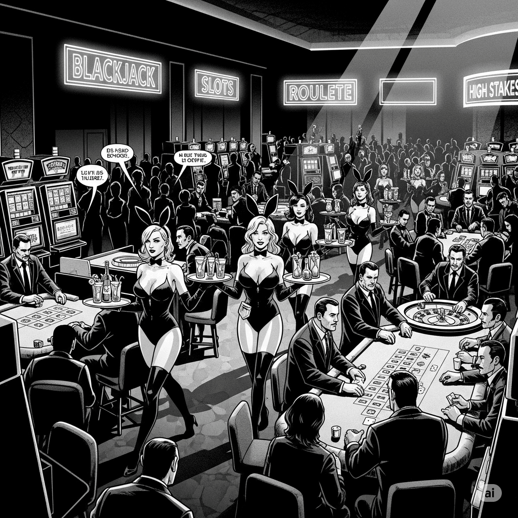 Black-and-white, gritty graphic novel panel of a bustling casino floor with cocktail waitresses and gamblers at blackjack tables and slot machines under dramatic neon lights.