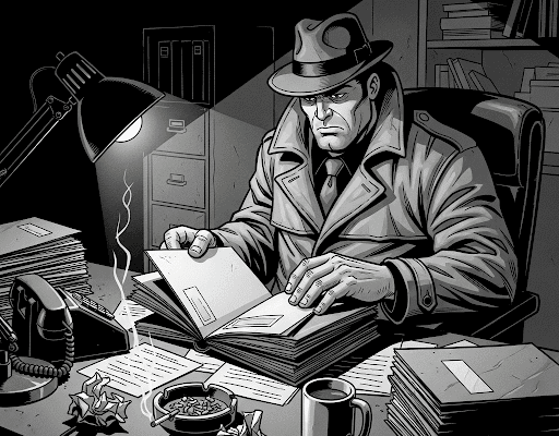 The Hammer Files: A Bet on Red and The Bookie A grayscale, high-contrast pulp-noir graphic novel panel shows Jack Hammer, a burly man in a trench coat and fedora, sitting at a cluttered desk in a dimly lit office. He is intently looking through open file folders, with a desk lamp casting a harsh light on his face, emphasizing his serious expression. The desk is strewn with a phone, ashtray, and crumpled papers, conveying a gritty detective's workspace.