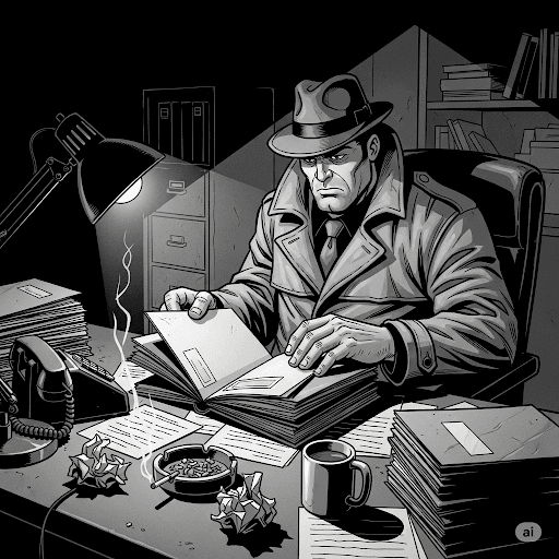 A grayscale, high-contrast pulp-noir graphic novel panel shows Jack Hammer, a burly man in a trench coat and fedora, sitting at a cluttered desk in a dimly lit office. He is intently looking through open file folders, with a desk lamp casting a harsh light on his face, emphasizing his serious expression. The desk is strewn with a phone, ashtray, and crumpled papers, conveying a gritty detective's workspace.