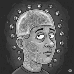 Grayscale satirical cartoon of a person's head filled with glowing digital data, surrounded by many small, watchful eyes, depicting surveillance and loss of privacy.