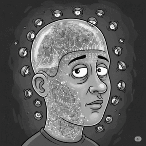 Grayscale satirical cartoon of a person's head filled with glowing digital data, surrounded by many small, watchful eyes, depicting surveillance and loss of privacy.