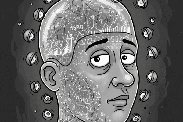 The Algorithmic Eye: Your Life, Just Data. Grayscale satirical cartoon of a person's head filled with glowing digital data, surrounded by many small, watchful eyes, depicting surveillance and loss of privacy.