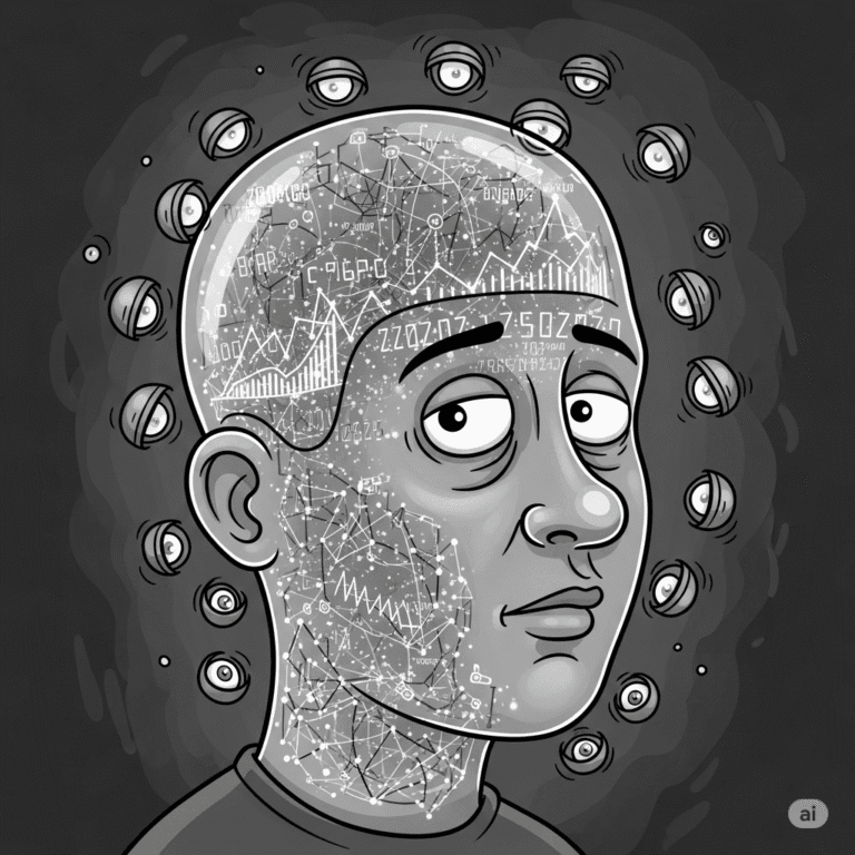 Grayscale satirical cartoon of a person's head filled with glowing digital data, surrounded by many small, watchful eyes, depicting surveillance and loss of privacy.