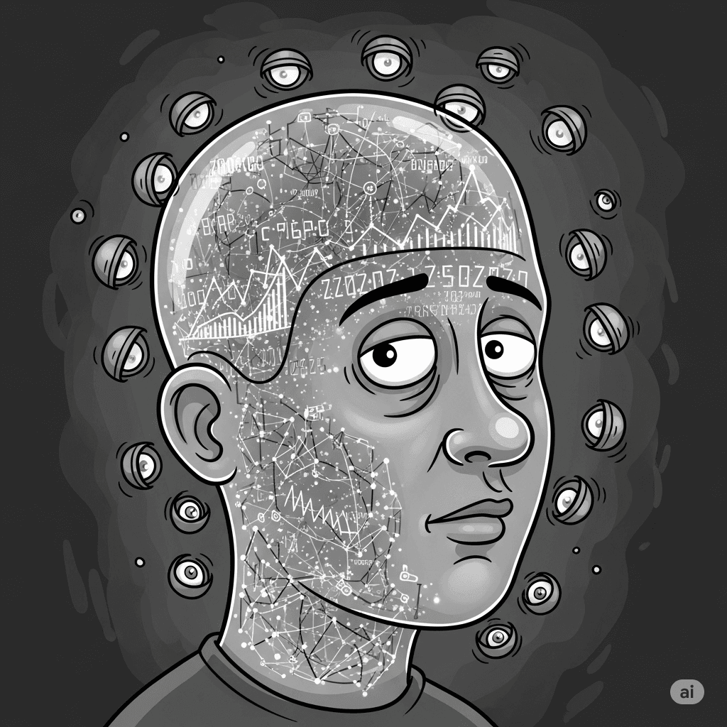 Grayscale satirical cartoon of a person's head filled with glowing digital data, surrounded by many small, watchful eyes, depicting surveillance and loss of privacy.