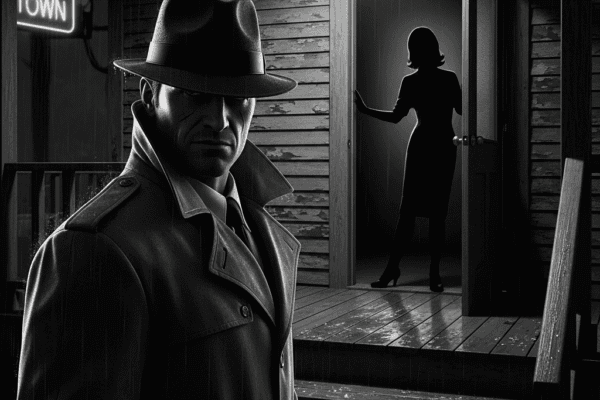 THE HAMMER FILES: The Doorstep Grayscale, gritty pulp-noir image of detective Jack Hammer in a trench coat and fedora, standing on a rainy porch in "Old Town" with a silhouetted figure in the doorway, creating a tense atmosphere.