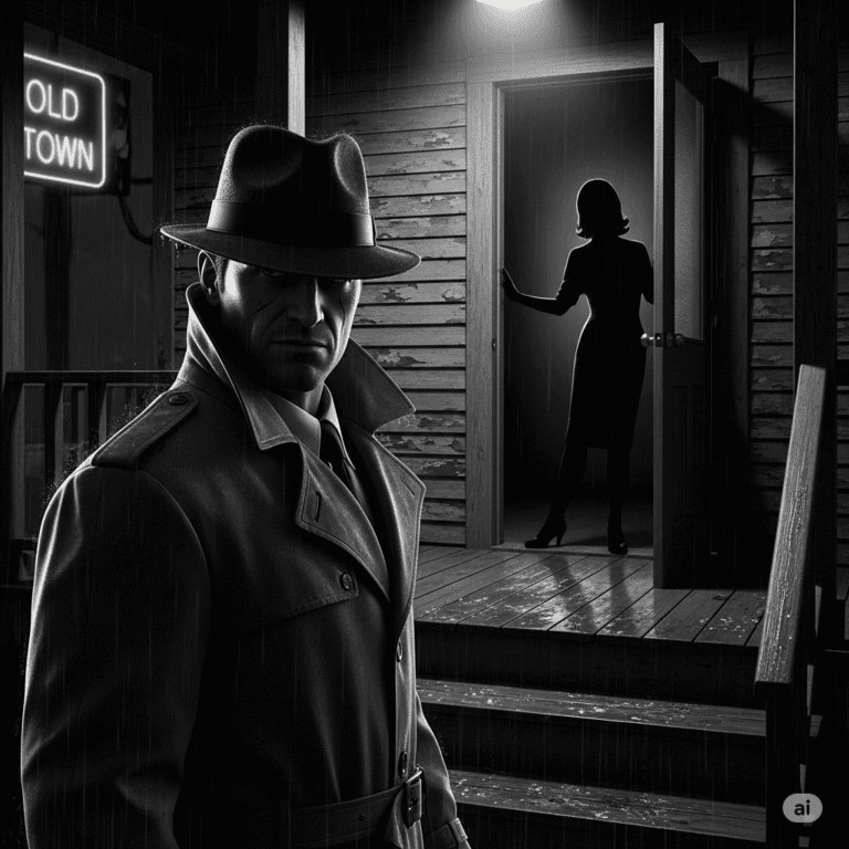 Grayscale, gritty pulp-noir image of detective Jack Hammer in a trench coat and fedora, standing on a rainy porch in "Old Town" with a silhouetted figure in the doorway, creating a tense atmosphere.
