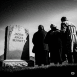A high-contrast, black-and-white image from shows a gravestone engraved with "Jackie Angel Bennett" to the left. To the right, the backs of three figures—two elderly women and a man in a trench coat—are huddled together, looking toward the stone under gray sky, conveying a somber and gritty tone.