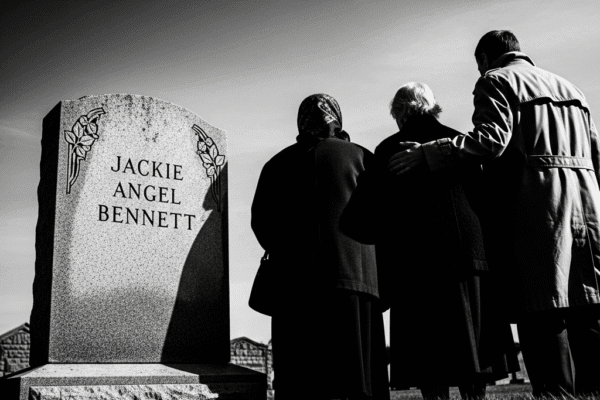 THE HAMMER FILES: A Final Goodbye A high-contrast, black-and-white image from shows a gravestone engraved with "Jackie Angel Bennett" to the left. To the right, the backs of three figures—two elderly women and a man in a trench coat—are huddled together, looking toward the stone under gray sky, conveying a somber and gritty tone.