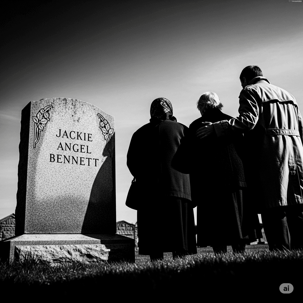 A high-contrast, black-and-white image from shows a gravestone engraved with "Jackie Angel Bennett" to the left. To the right, the backs of three figures—two elderly women and a man in a trench coat—are huddled together, looking toward the stone under gray sky, conveying a somber and gritty tone.