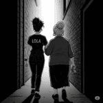 Black-and-white graphic novel panel from behind, showing Lola and an old lady walking out of a dark alley towards a bright light, with the old lady holding money.