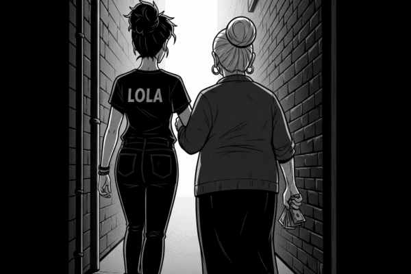 THE HAMMER FILES: A Cold Farewell Black-and-white graphic novel panel from behind, showing Lola and an old lady walking out of a dark alley towards a bright light, with the old lady holding money.