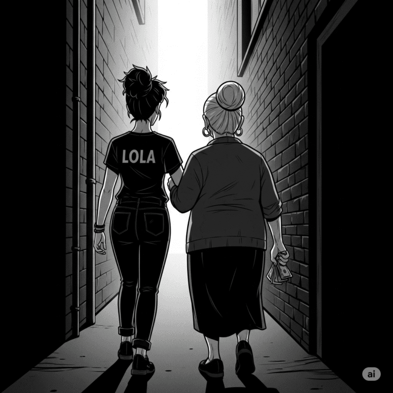 Black-and-white graphic novel panel from behind, showing Lola and an old lady walking out of a dark alley towards a bright light, with the old lady holding money.