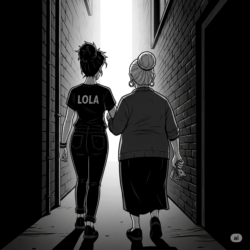 Black-and-white graphic novel panel from behind, showing Lola and an old lady walking out of a dark alley towards a bright light, with the old lady holding money.