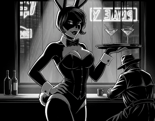 Jamie Diamond’s Sparkle A grayscale, high-contrast pulp-noir graphic novel panel shows a busty cocktail bunny in a classic uniform (ears, bow tie, corset, tail) holding a tray of martinis at a dimly lit, gritty bar. A trench-coat-clad figure sits at the bar in the background.