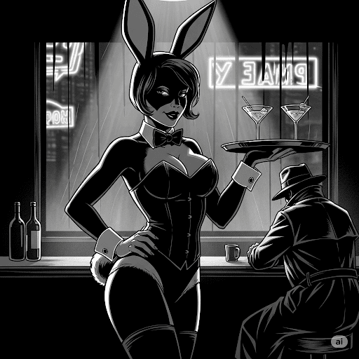 A grayscale, high-contrast pulp-noir graphic novel panel shows a busty cocktail bunny in a classic uniform (ears, bow tie, corset, tail) holding a tray of martinis at a dimly lit, gritty bar. A trench-coat-clad figure sits at the bar in the background.
