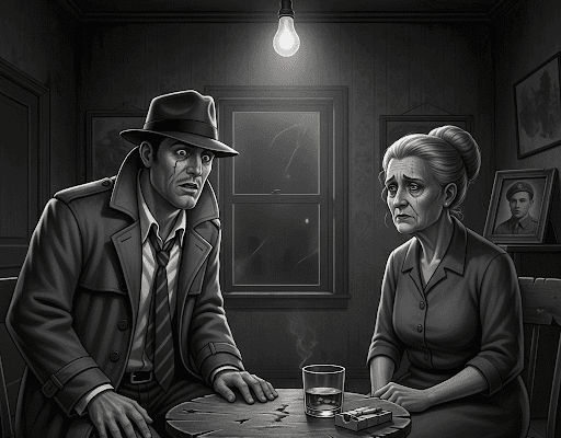 THE HAMMER FILES: Ghost of Christmas Past Grayscale, gritty pulp-noir image of detective Jack Hammer looking shocked while sitting across from Erma Bennett, an older, sad-eyed woman, in a dimly lit room, revealing a painful secret.
