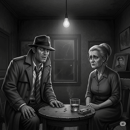 Grayscale, gritty pulp-noir image of detective Jack Hammer looking shocked while sitting across from Erma Bennett, an older, sad-eyed woman, in a dimly lit room, revealing a painful secret.