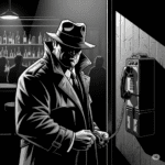 A grayscale, high-contrast pulp-noir graphic novel panel shows Jack Hammer, a burly man in a trench coat and fedora, standing at a payphone located in the back corner of a dimly lit, gritty bar. He holds the receiver with a serious, intense expression. The bar's bottles and shadowy figures are blurred in the background, adding to the mysterious atmosphere.