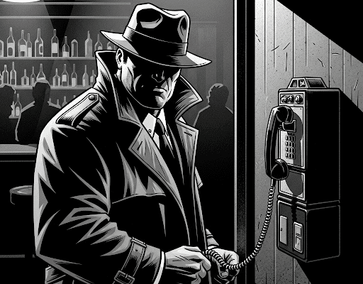 THE HAMMER FILES: The Setup – Jack Calls Jamie Diamond A grayscale, high-contrast pulp-noir graphic novel panel shows Jack Hammer, a burly man in a trench coat and fedora, standing at a payphone located in the back corner of a dimly lit, gritty bar. He holds the receiver with a serious, intense expression. The bar's bottles and shadowy figures are blurred in the background, adding to the mysterious atmosphere.