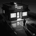 A high-contrast, black-and-white, noir-style pulp cartoon image of a small clinic, viewed from a rain-slicked parking lot. The clinic building is dark and gritty, with a prominent sign that reads "Hope Springs Eternal." A lone figure in a trench coat and fedora stands near a vintage car, adding to the somber and mysterious atmosphere.