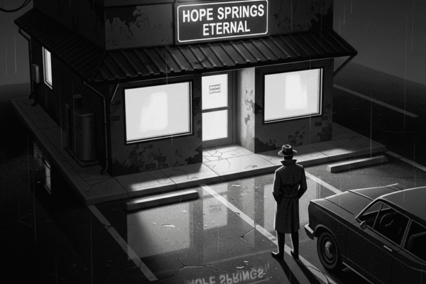 THE HAMMER FILES: The Final Truth A high-contrast, black-and-white, noir-style pulp cartoon image of a small clinic, viewed from a rain-slicked parking lot. The clinic building is dark and gritty, with a prominent sign that reads "Hope Springs Eternal." A lone figure in a trench coat and fedora stands near a vintage car, adding to the somber and mysterious atmosphere.