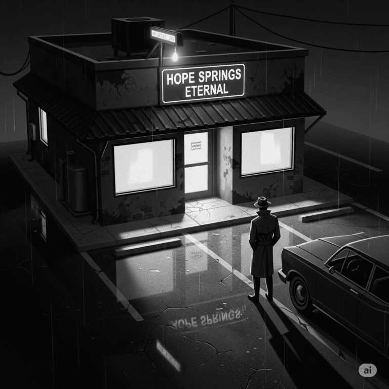 A high-contrast, black-and-white, noir-style pulp cartoon image of a small clinic, viewed from a rain-slicked parking lot. The clinic building is dark and gritty, with a prominent sign that reads "Hope Springs Eternal." A lone figure in a trench coat and fedora stands near a vintage car, adding to the somber and mysterious atmosphere.
