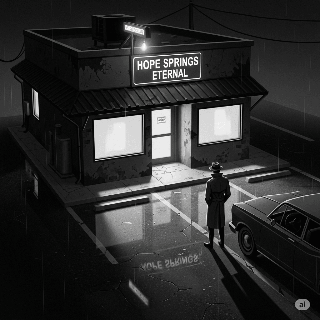 A high-contrast, black-and-white, noir-style pulp cartoon image of a small clinic, viewed from a rain-slicked parking lot. The clinic building is dark and gritty, with a prominent sign that reads "Hope Springs Eternal." A lone figure in a trench coat and fedora stands near a vintage car, adding to the somber and mysterious atmosphere.