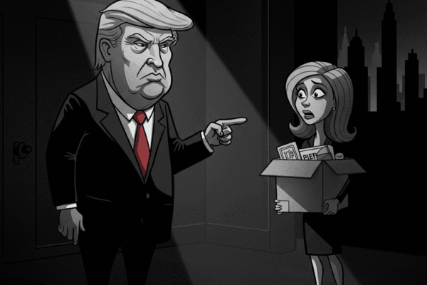 The Integrity Trap: When Economic Data Becomes a Lie In a noir-style cartoon with dramatic shadows, a formidable Donald Trump dismisses a stunned Erika McEntarfer, symbolizing the politicization of economic data.