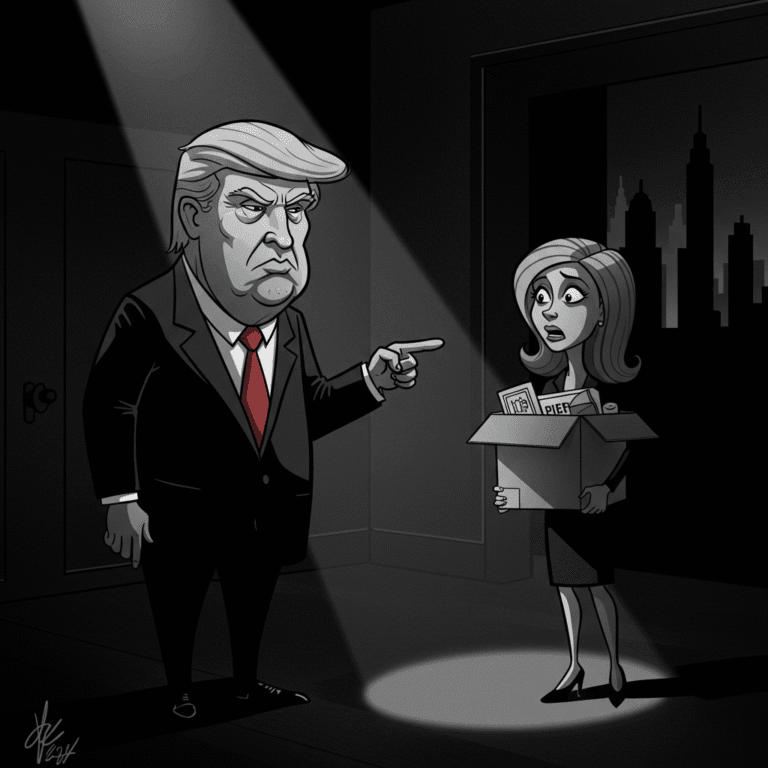 In a noir-style cartoon with dramatic shadows, a formidable Donald Trump dismisses a stunned Erika McEntarfer, symbolizing the politicization of economic data.