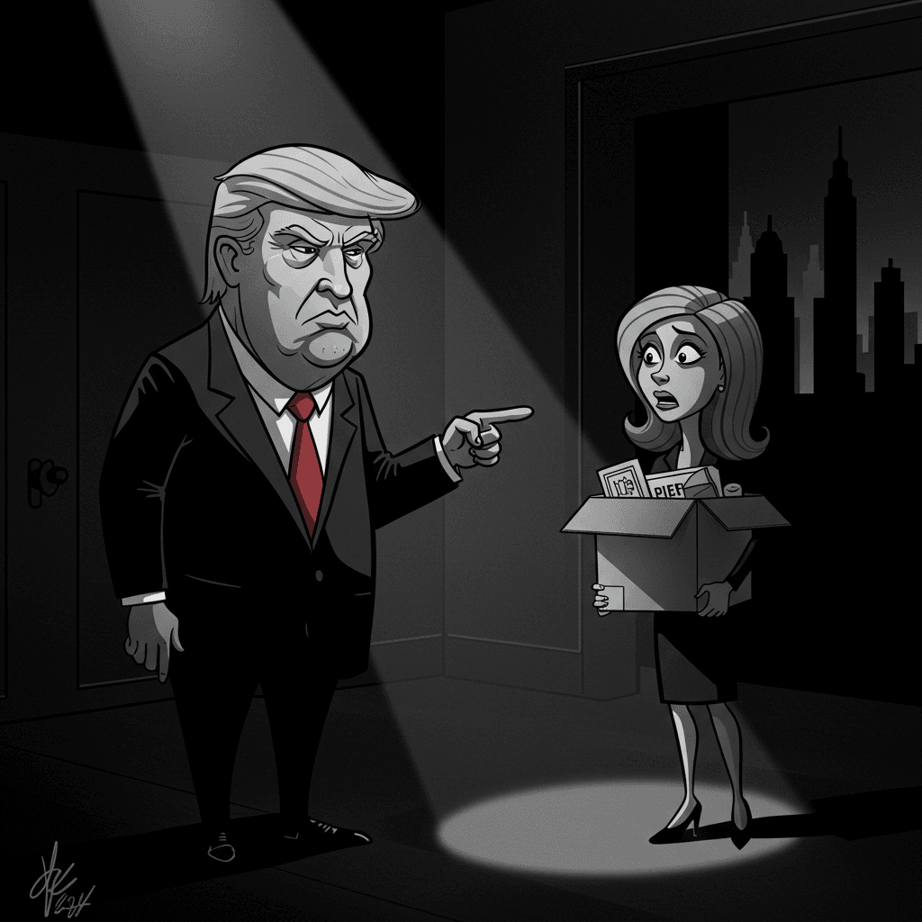 In a noir-style cartoon with dramatic shadows, a formidable Donald Trump dismisses a stunned Erika McEntarfer, symbolizing the politicization of economic data.