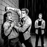 Black-and-white graphic novel panel depicting Jack punching Gus against a brick wall in an alley, while Jamie watches with calm resolve.