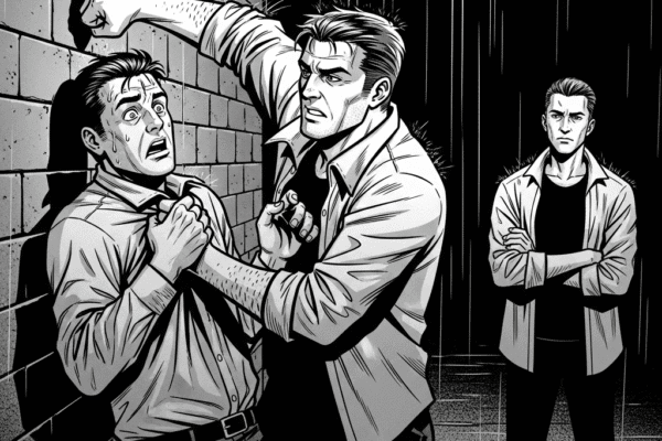 THE HAMMER FILES: The Alleyway Black-and-white graphic novel panel depicting Jack punching Gus against a brick wall in an alley, while Jamie watches with calm resolve.