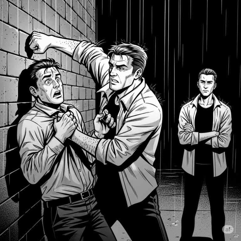 Black-and-white graphic novel panel depicting Jack punching Gus against a brick wall in an alley, while Jamie watches with calm resolve.