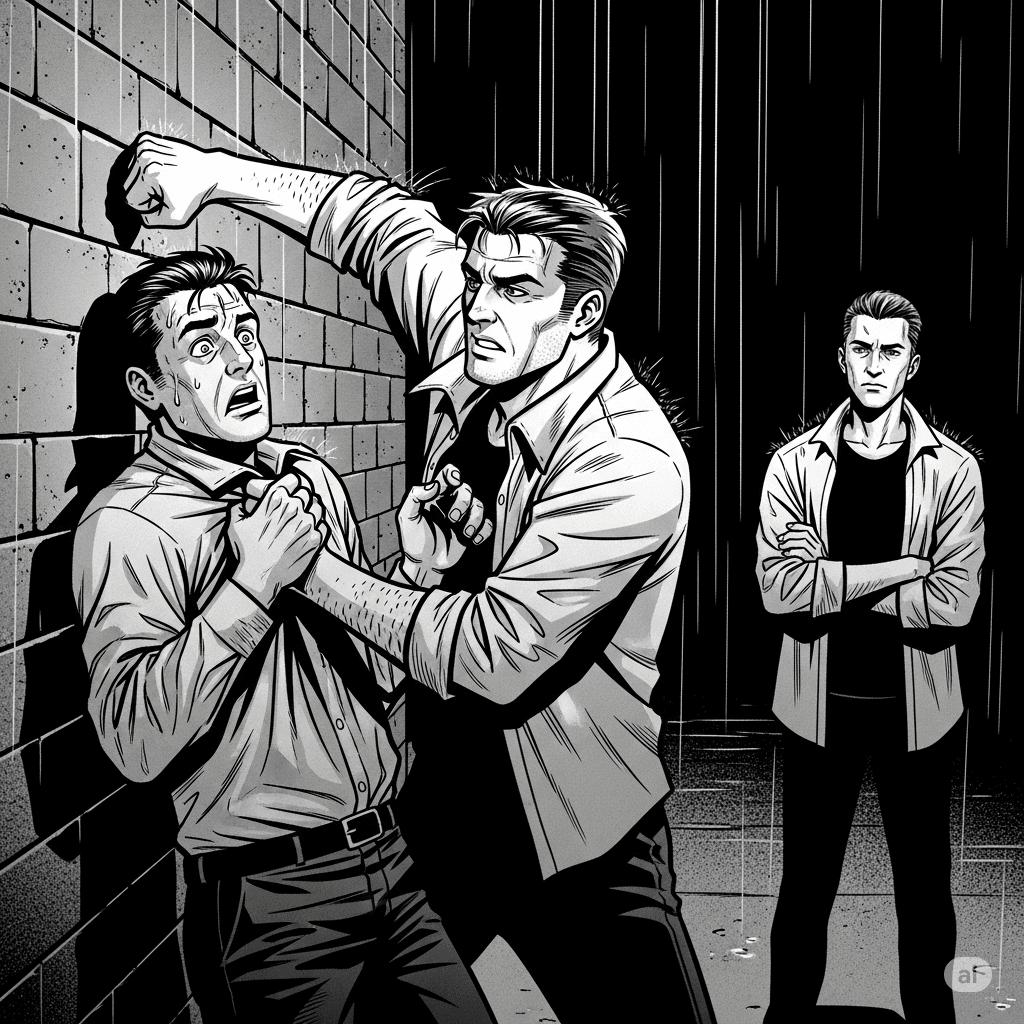 Black-and-white graphic novel panel depicting Jack punching Gus against a brick wall in an alley, while Jamie watches with calm resolve.
